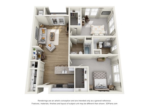 Floor plan for 2 beds, 2 baths, 1090 sqft